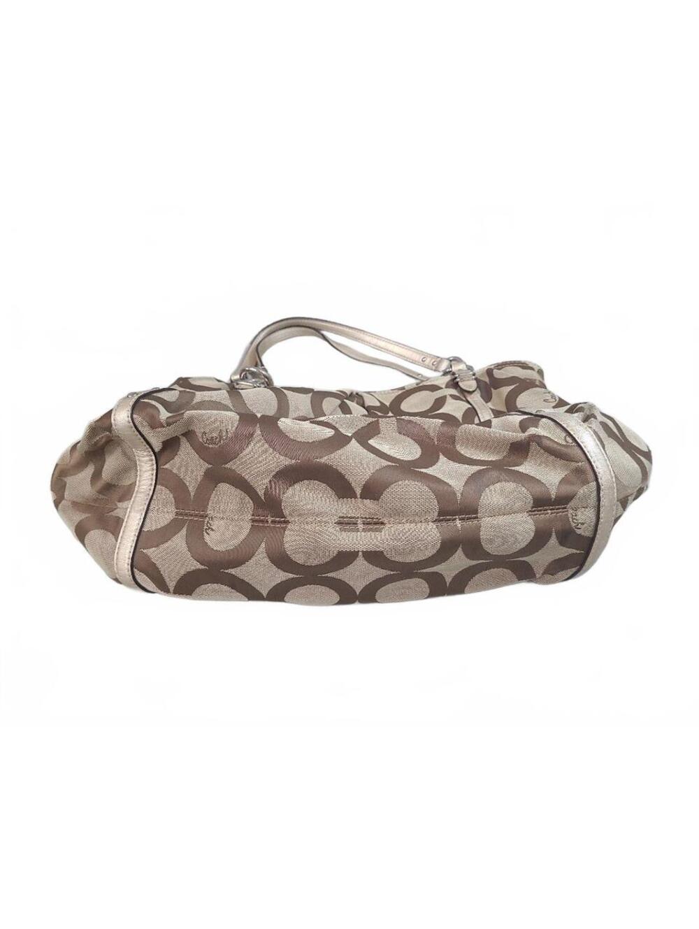 Coach Signature Jacquard Canvas Shoulder Bag Beige Brown Leather Hobo Purse - Picture 3 of 12